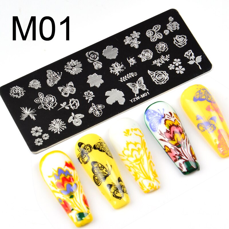 1pc rektangulära nagelstämplingsmallar blomma kärleksdjur 10 x 4cm bildplattor i rostfritt stål polish manikyr stencil: M01