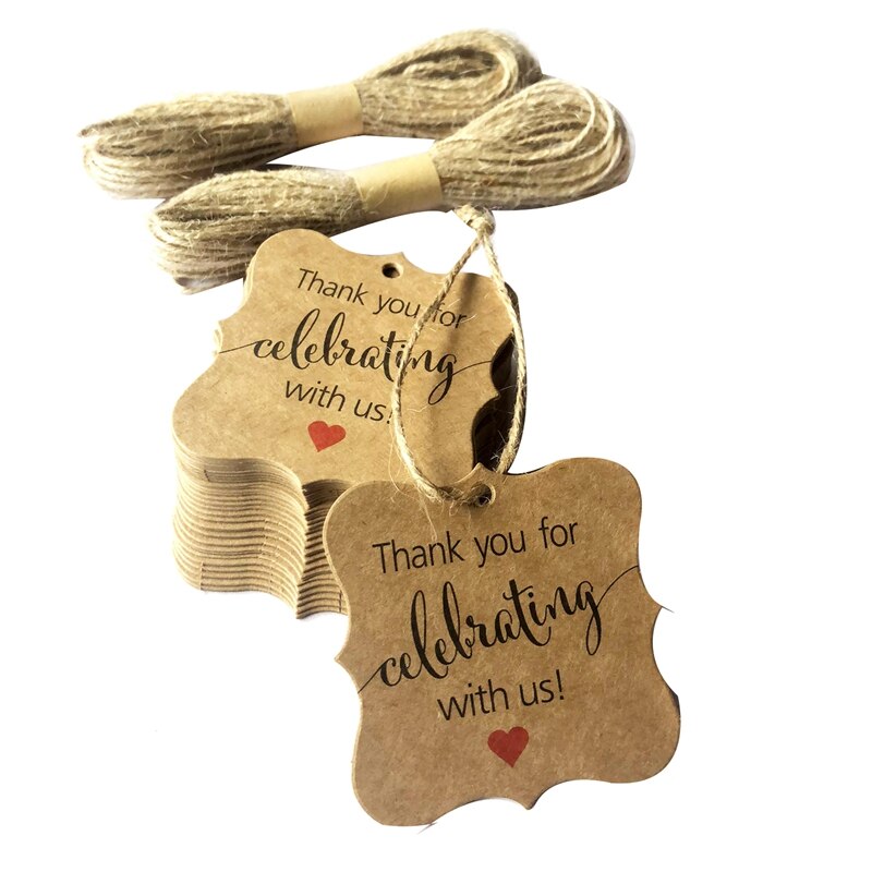 100 stuks bedankt voor het vieren met ons labels kraftpapier wikkellabels met natuurlijk jute touw voor babyshower, kerst, bruiloft