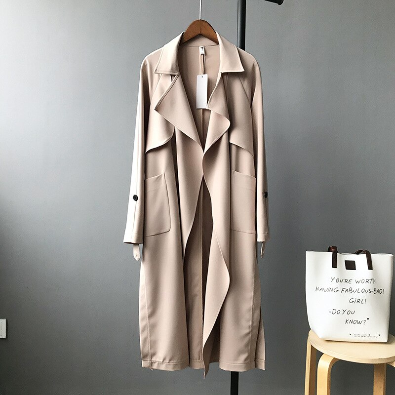 Casaco longo feminino com gola harajuku, trincheira verde do exército, primavera 2019: Bege / L