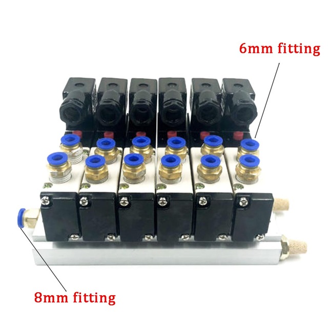 12/24 V DC 110/220 V AC Multi Option 4V210-08 Pneumatischer Magnetventilblock mit Schalldämpfer-Fitting-Basisverteiler 2/3/4/6 Wege