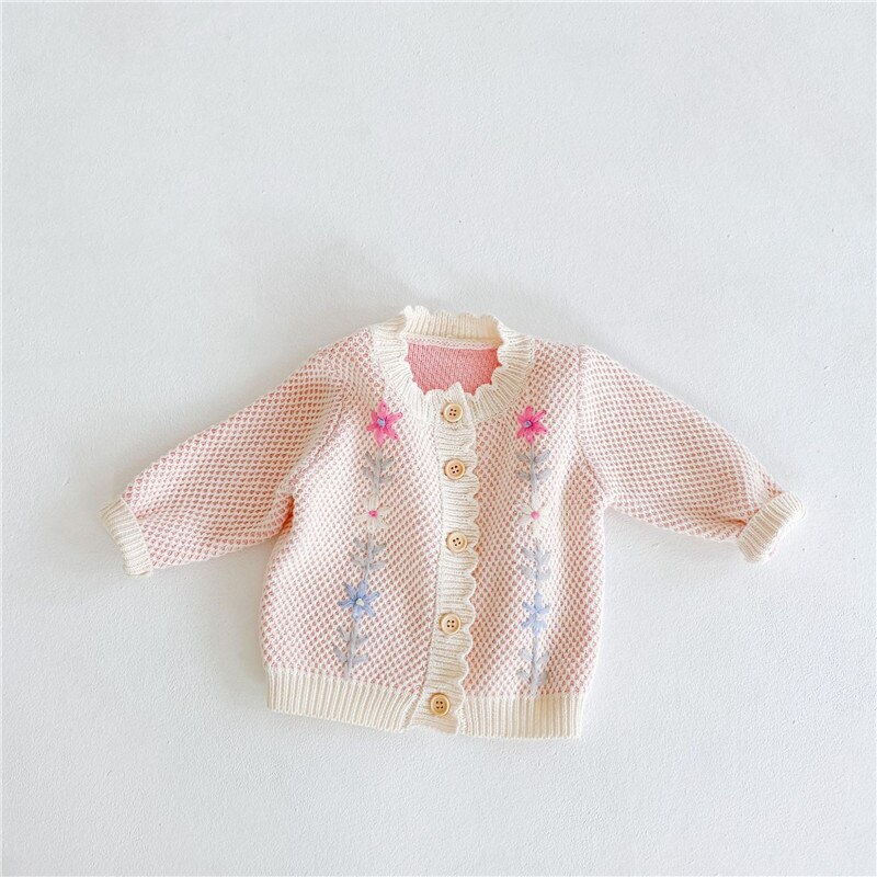 0-24M Baby Girl’s Winter Warm Long-sleeved Cardigan Sweet Embroidered Round Neck Single-breasted Knitted Coat Outwear Tops