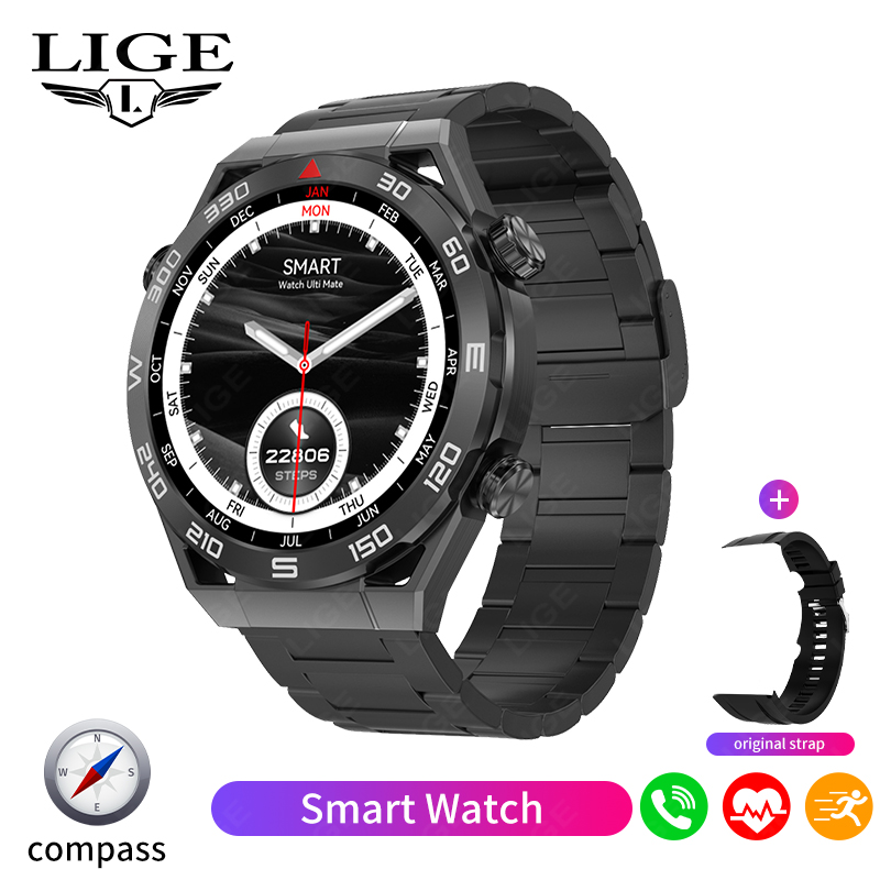 LIGE Nowy sprytny zegarek mężczyźni GPS Bluetooth połączenie sport tryby naganiacz zwierza kompas muzyka niestandardowa bransoletka tarcza biznesowa Smartwatch mężczyźni + skrzynka: Srebrny