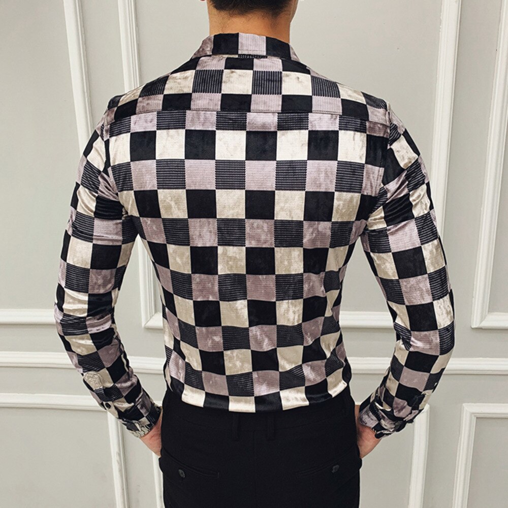 Rutete skjorter herre skjorte langermet slim fit casua skjorter velour menn kjole business sosiale skjorter camisas hombre