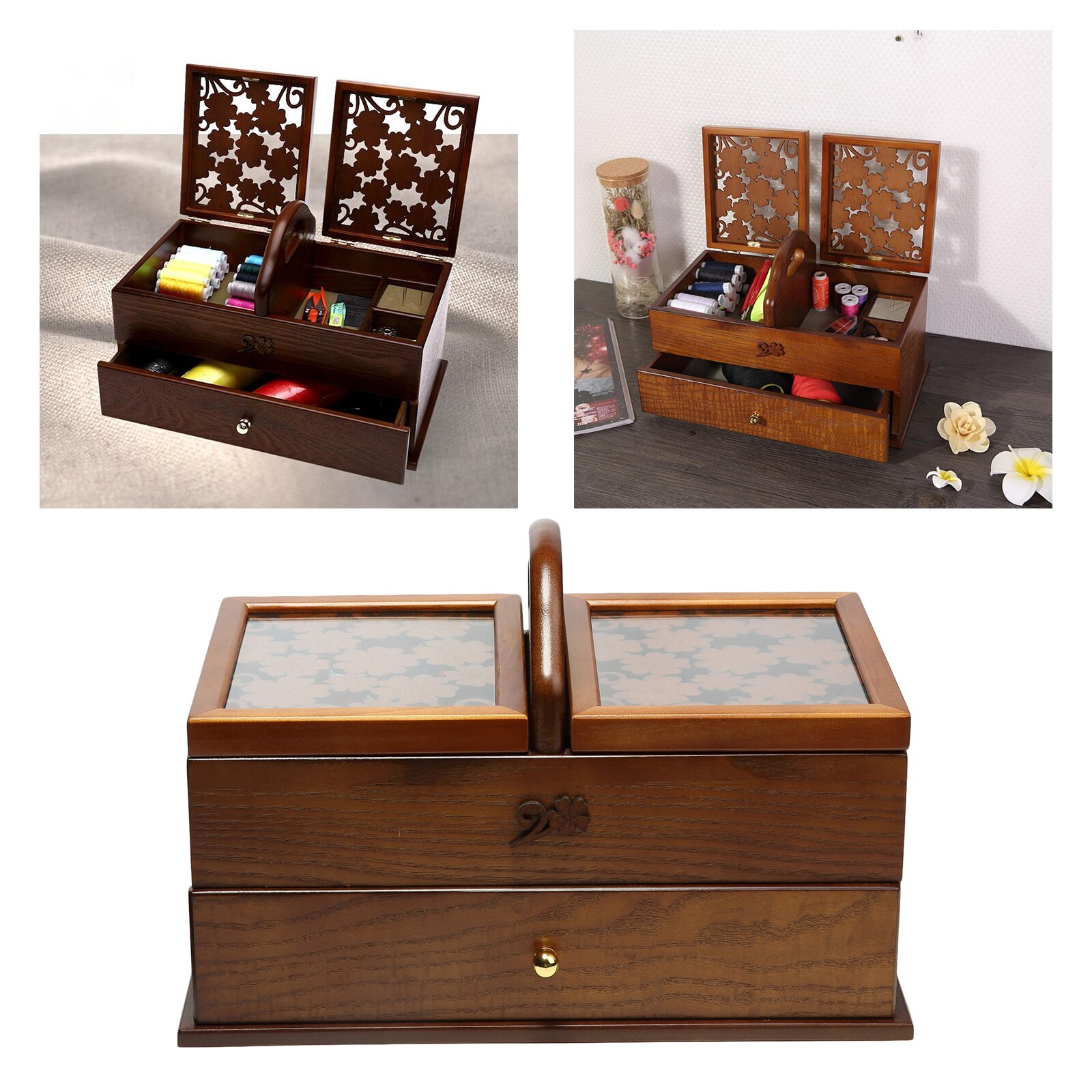 Protable Antique Sewing Kit Box Basket Wooden Hand for Home Sewing Repair Tool Kit Sew Kit Accessory Adult Beginner Supplies