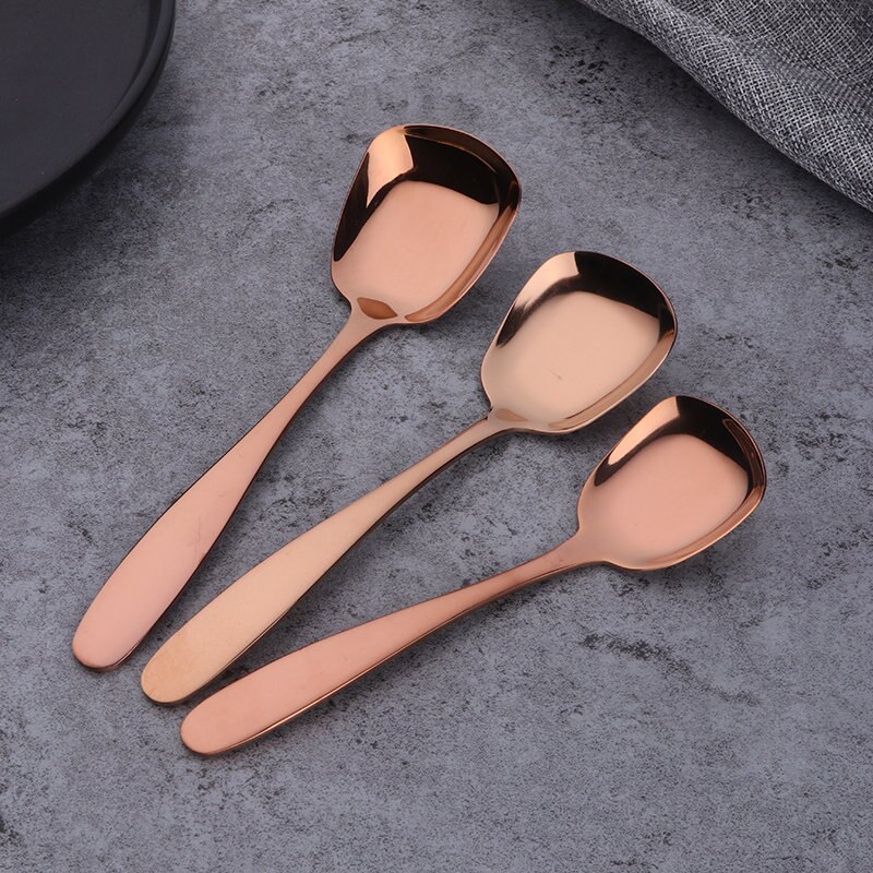 3 st/set fyrkantig sked rostfritt stål plattbottnade skedar stora medelstora små salladsbestick dessertscoops soppa servis: Rosa guld