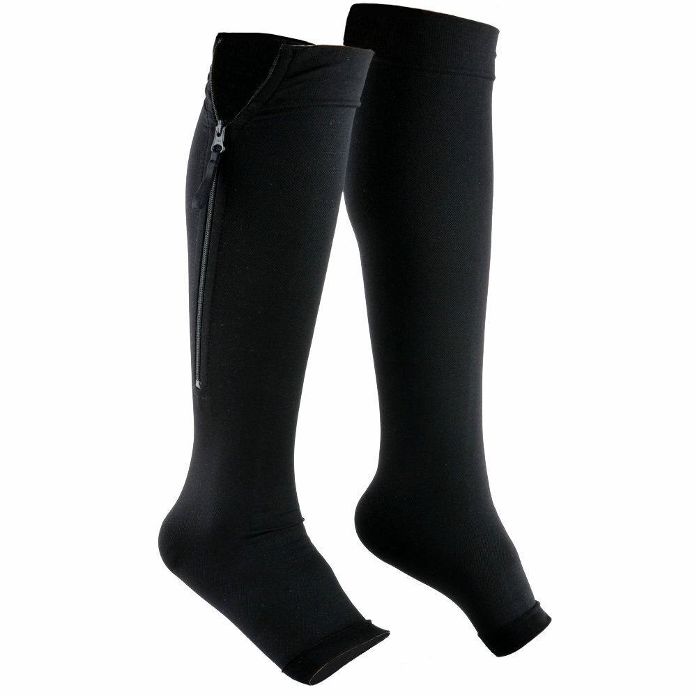 Calcetines elásticos con punta abierta y cremallera para hombre y mujer, medias deportivas de con compresión de tubo medio y venas varicosas, tallas S, M, L, XL, XXL, 3XL, 4XL, 5XL: Negro / 5 XL