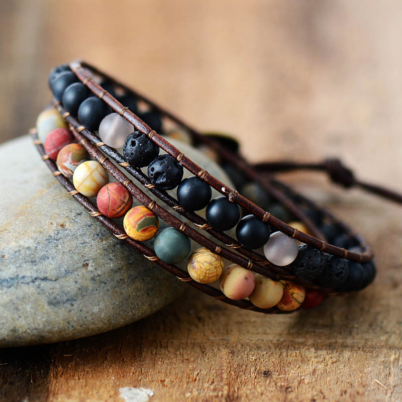 Wrap Bracelets Cool Mix Matte Onyx Stone 2 Strands Leather Bracelets Handmade Bead Couple Bracelet Punk Jewelry