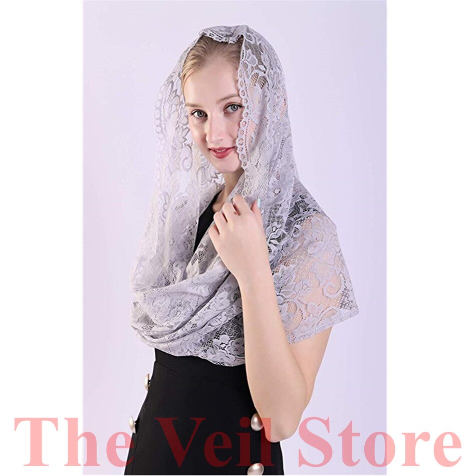 Ishsy grå blonder kvinner katolsk slør mantilla for kirke hodedekke latinsk messe mantilla de novia negra kapell uendelig slør