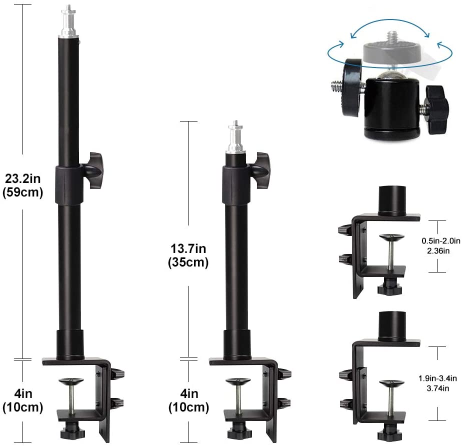 Desk Camera Mount Stand with 360 Rotatable Ball Head Tabletop C Clamp Mount for DSLR Camera/Ring Light/Video Light