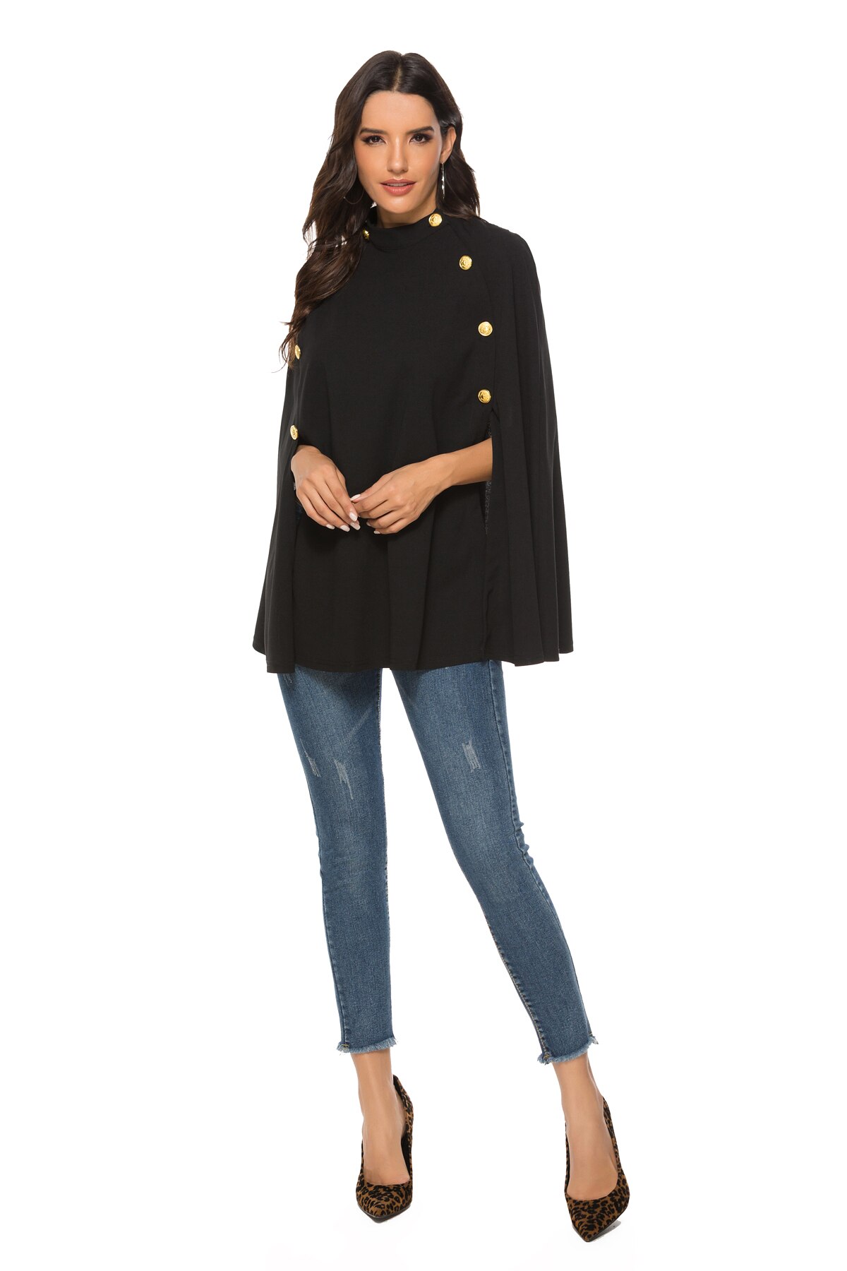 Amerikaanse Stijl Stand-Up Kraag Double-Breasted Mouwloze Volleyed Cape Effen Kleur Windjack