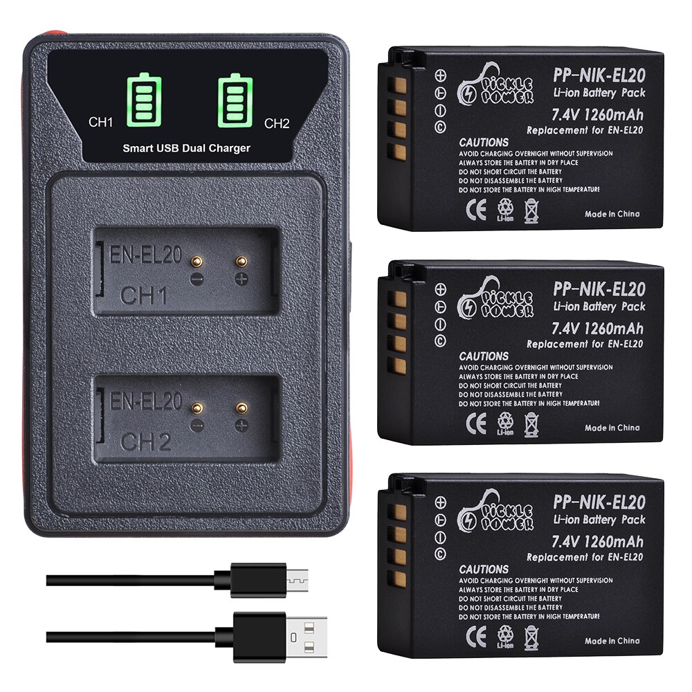 4 stk og -el20 en el20 en el20a batterier + led innebygd usb dobbel lader for nikon coolpix  p1000 nikon 1 j1, j2, j3 nikon 1 aw1: 3 batterier 1 lader