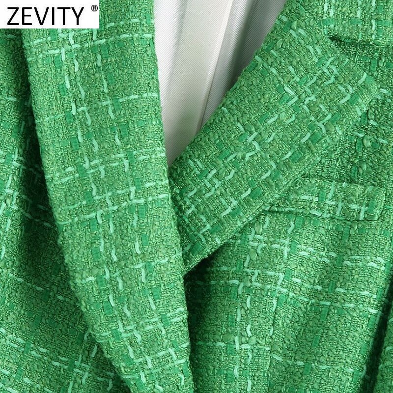 Zevity-Chaqueta de lana de Tweed para mujer, ropa de estilo inglés con doble botonadura, verde, Vintage, manga larga, trajes Chic, Tops CT695