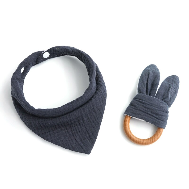 2 Stks/set Baby Jongen Meisje Speeksel Tissue Molars Ring Houten Bijtring Set Katoenen Mousseline Slabbetjes Effen Kleur Burp Doek Driehoekige sjaal: Donkergrijs