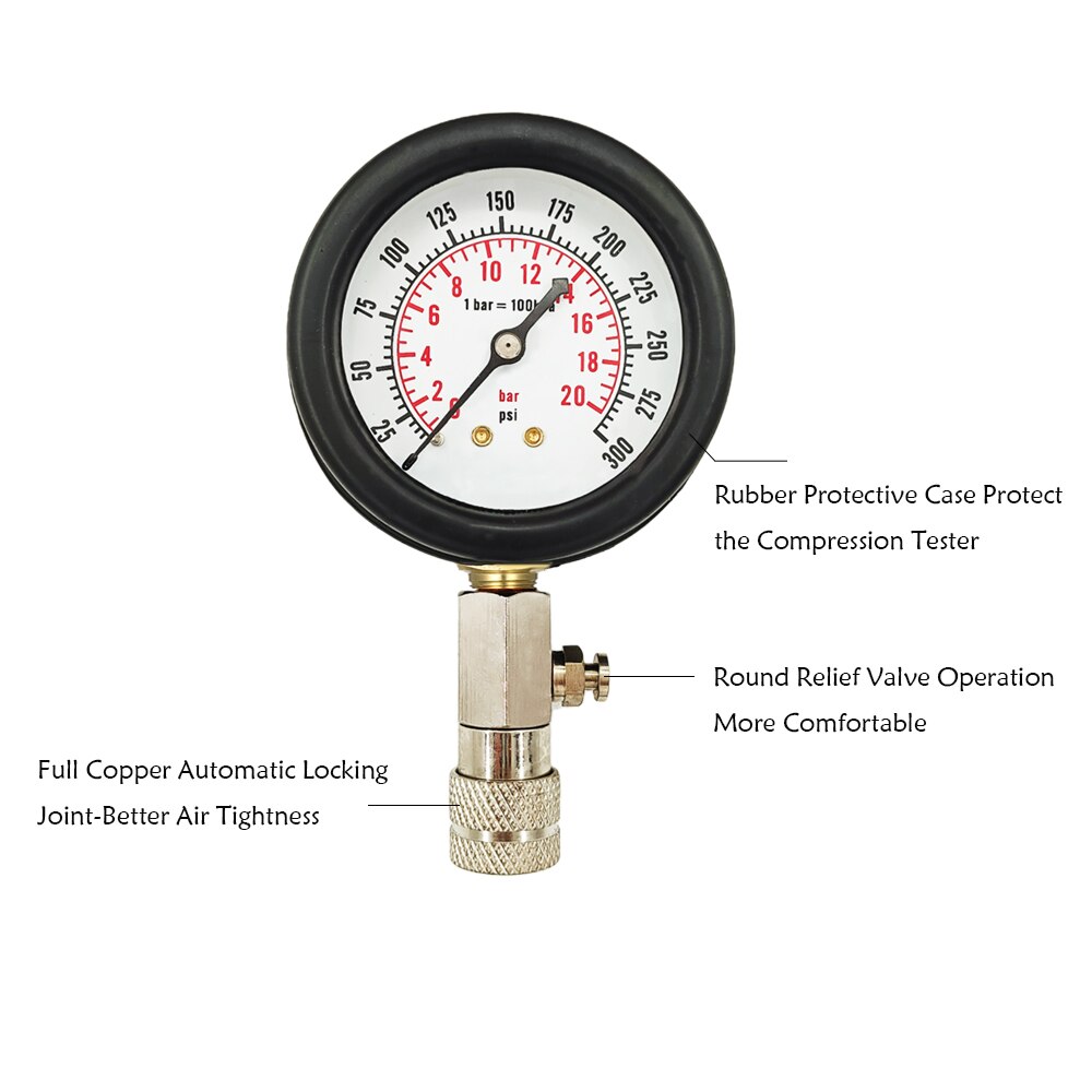 Gasoline Engine Compression Tester Car Pressure Gauge Tester Meter Auto Petrol Gas Engine Cylinder with M10 M12 M14 M18 Adapter