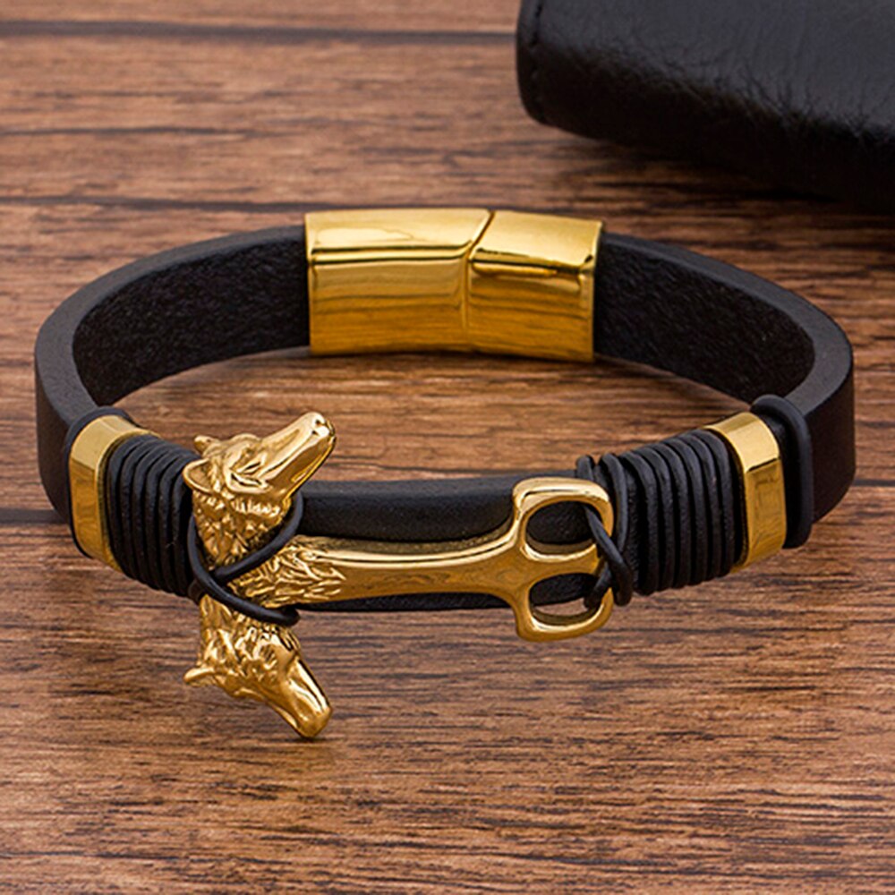 Charm Punk Rock Gevlochten Touw MagneticBlack Lederen Dier Armband Mannen Armbanden Gouden Sieraden Cadeau Voor Jongen Vriend