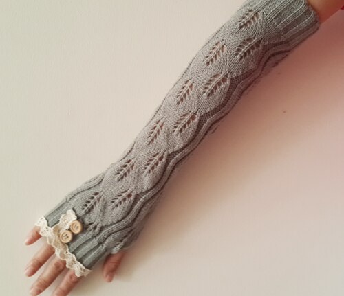 solid Lace knitted Fingerless Gloves Ballet Dance button glove burn out long Arm Warmers 7 colors #3706: light grey