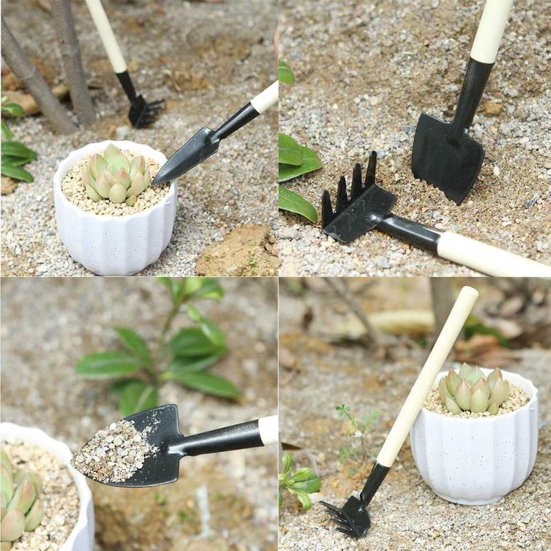 3 stk mini skovl rake haveplanteværktøjssæt med træhåndtag havearbejde værktøj børn lille harve spade skovl haveværktøj