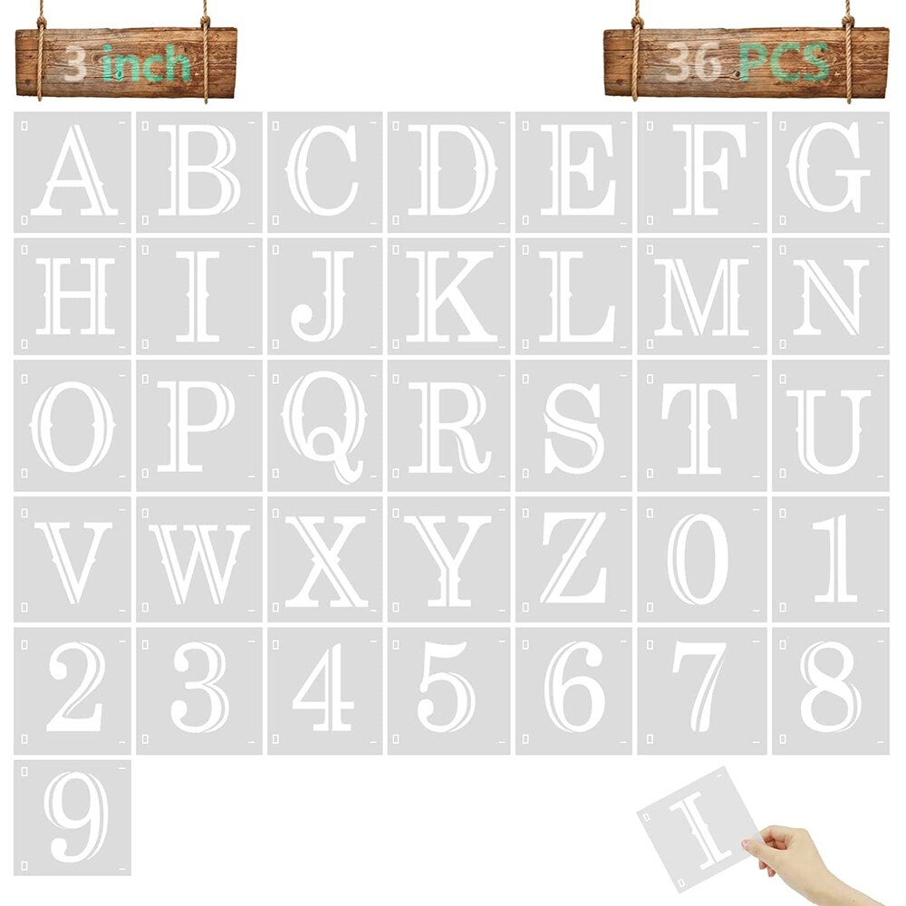 Plantilla para pintura con letras, plantillas con alfabeto para madera reutilizable, caligrafía de plástico, plantilla de letras, 36 Uds.