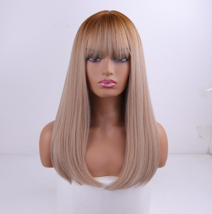 LISI CAPELLI Medio Parrucca Capelli Lisci con Frangetta Miscela Ad Alta Temperatura Dei Capelli Sintetica Resistente Bianco/nero Delle Donne: T4/27/30