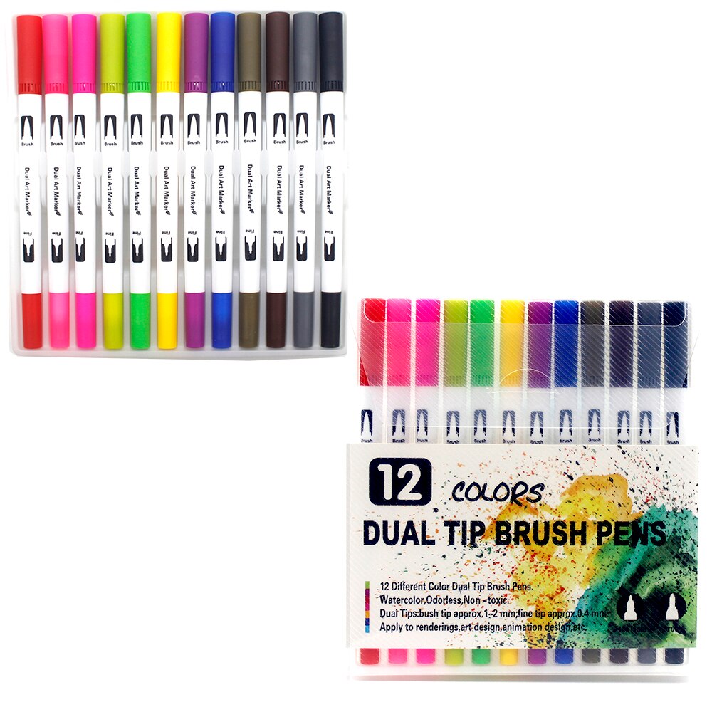 Tuscher sæt 36/48/72/120 farver fineliner dobbelt spids pensel pen tegning maleri akvarel kunst tusch penne til manga kunst forsyninger: W -12 farve