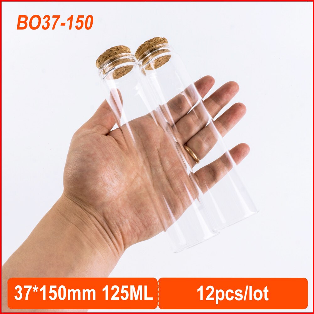 37*150mm pequeña de 125ml vidrio frasco vacío con corcho tapón pequeños frascos de vidrio boda decorativa deseo frascos de vidrio botella de almacenamiento botella de 12 Uds