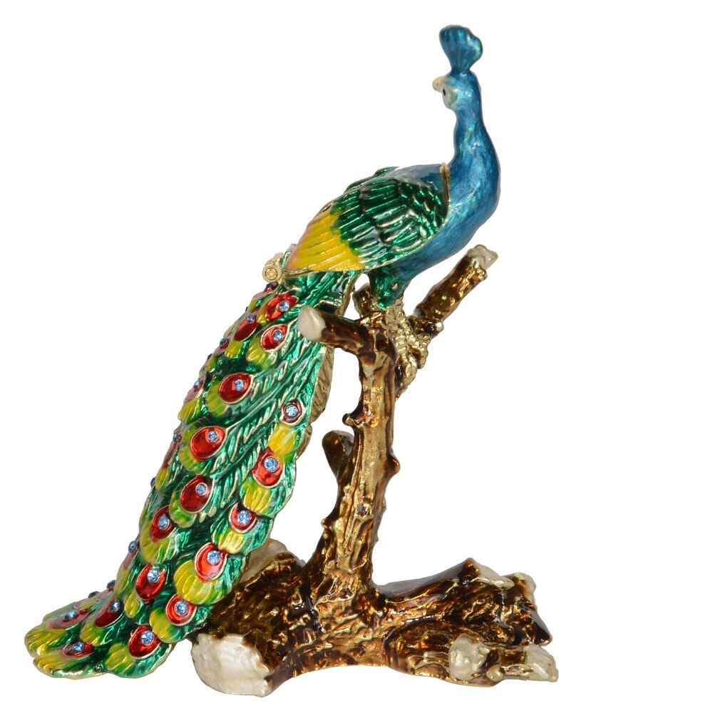 Håndmalet påfugl på aborre ornament æske og påfugl ring holdere smykkebeholder påfugl dekoration