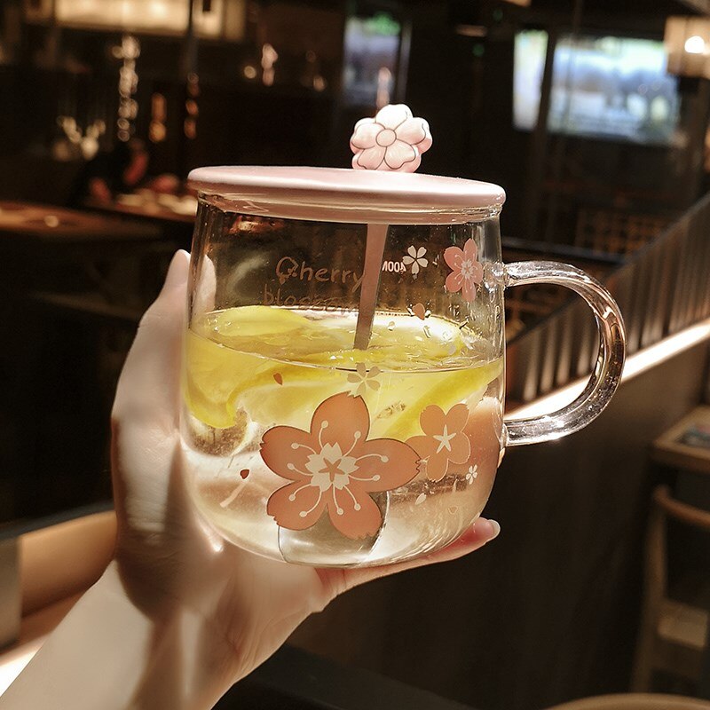 Botella de agua de cristal con flor japonesa para mujer y niña, vaso de cristal con flor de cerezo rosa con cubierta de cerámica, para beber leche