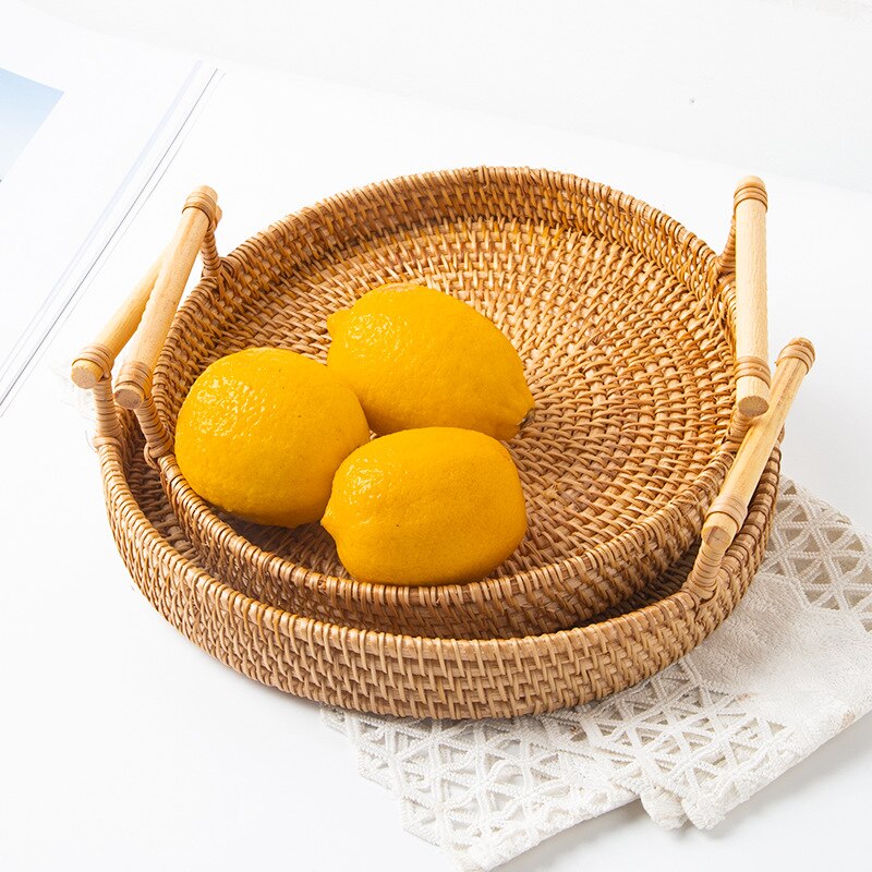 Dessert tray Breakfast plate Handmade Rattan Portable Tray Bread Fruit Snack Picnic Basket Home Table Decoration cup table mat