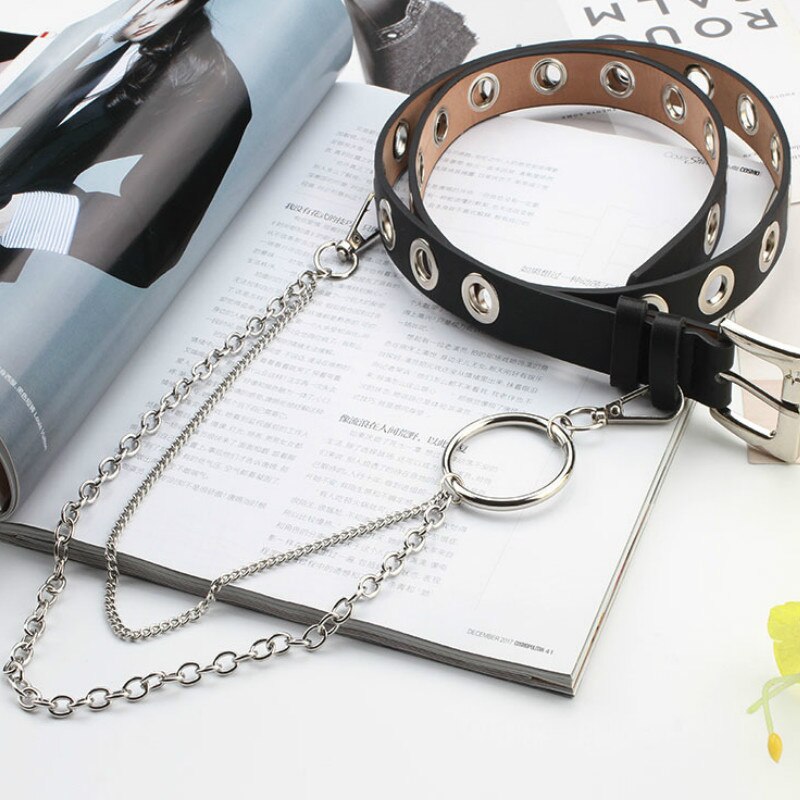 Women Punk Chain Belt Adjustable Single Row Hole Eyelet Waistband with Eyelet Chain Decorative Belts: N812-Black