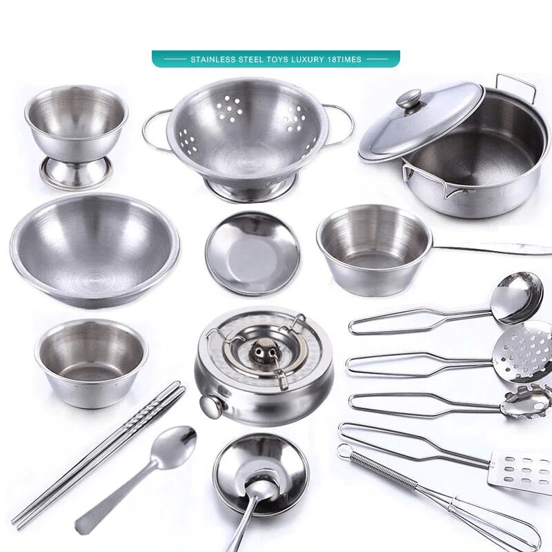 40Pcs Stainless Steel Kids House Kitchen Toy Cooking Cookware Children Pretend & Play Kitchen Playset for Children- Silver