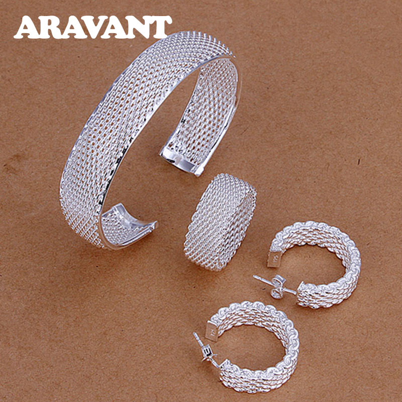 925 argent bijoux ensembles cercle tressé maille anneaux boucles d'oreilles bracelet pour les femmes mariée bijoux de mariage