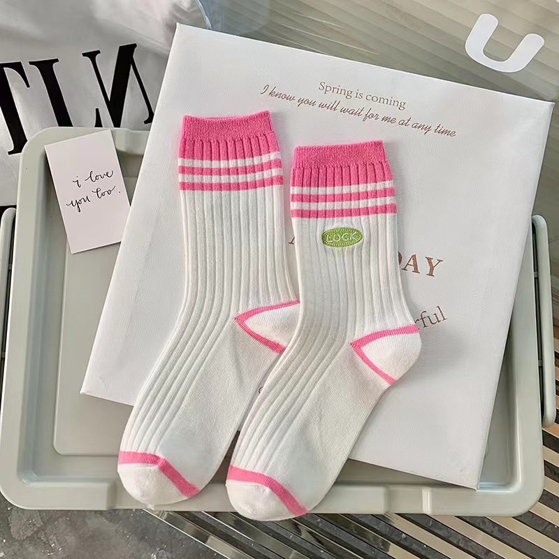 Calcetines largos de algodón para mujer, calcetines coreanos blancos transpirables de ocio para niñas, calcetines bordados para hombre, calcetines a rayas para primavera y verano para mujer: Marfíl