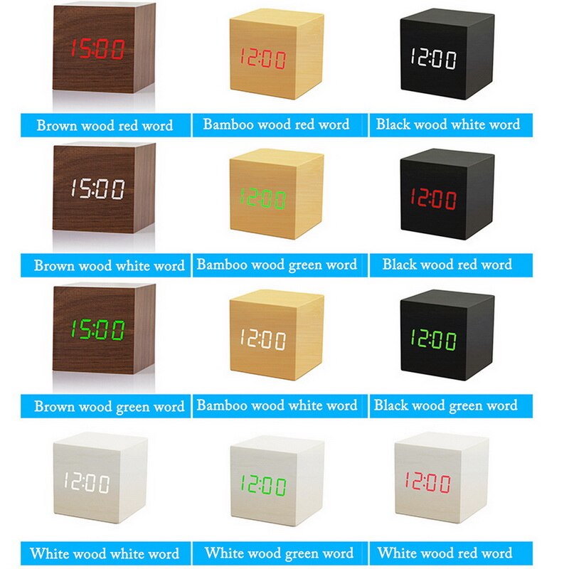 Digital Wecker Holz LED Alarm Zeit Anzeige Für Schlafzimmer Nacht Büro Kalender Temperatur LED-anzeige Holz Schreibtisch Uhr