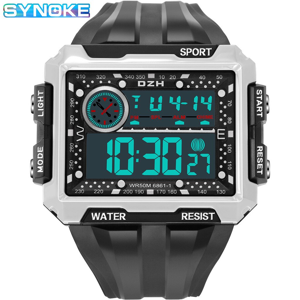 Vierkante Grote Screen Display Sport Elektronische Horloge Mannen Lichtgevende Waterdichte Multifunctionele Outdoor Sport Horloge: 6861 black beads White