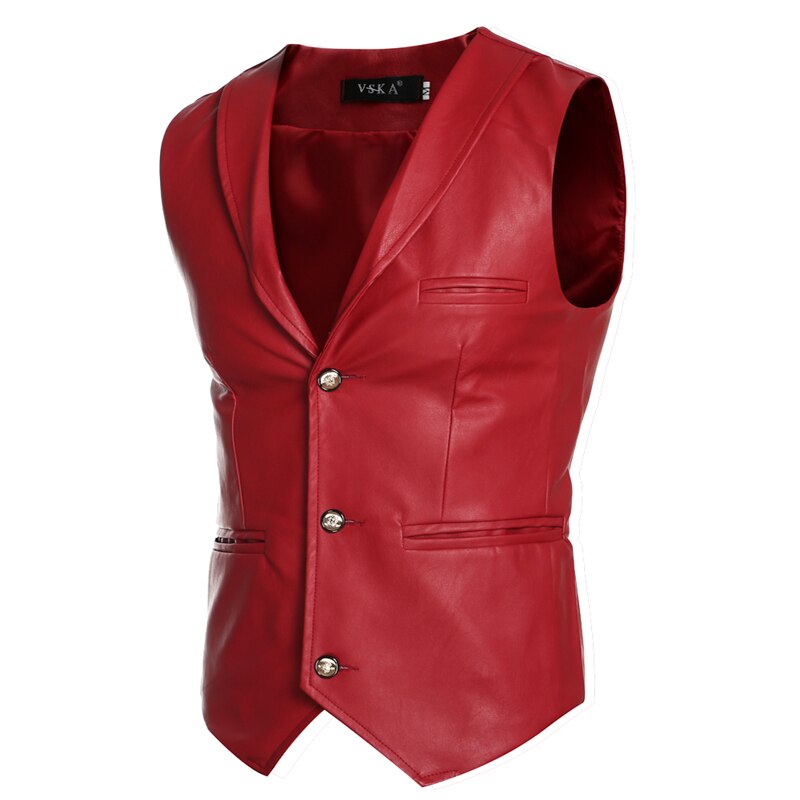 Gentleman lädervästar herr enkelknäppt herrväst 3 färger slim hombre casual cool läder gilet herr: Röd / M