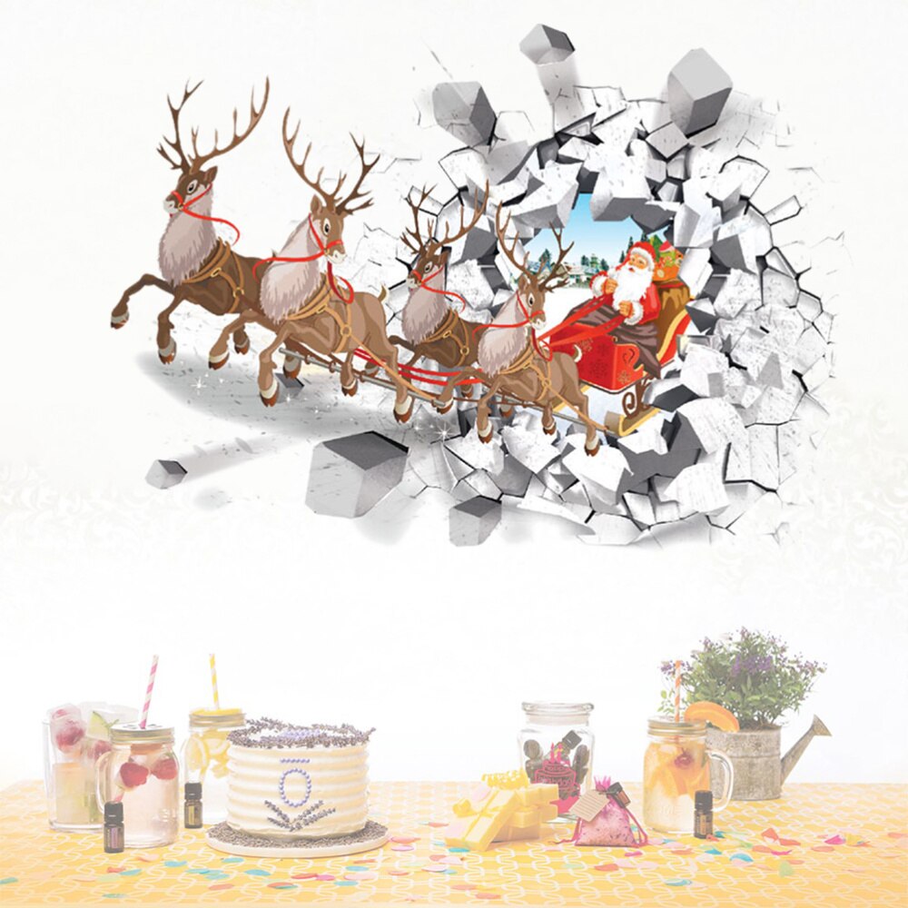 Christmas Wall Stickers 3D Santa Claus Reindeer Car Removable Wall Decals for Bedroom Living Room Restaurant Office Dec