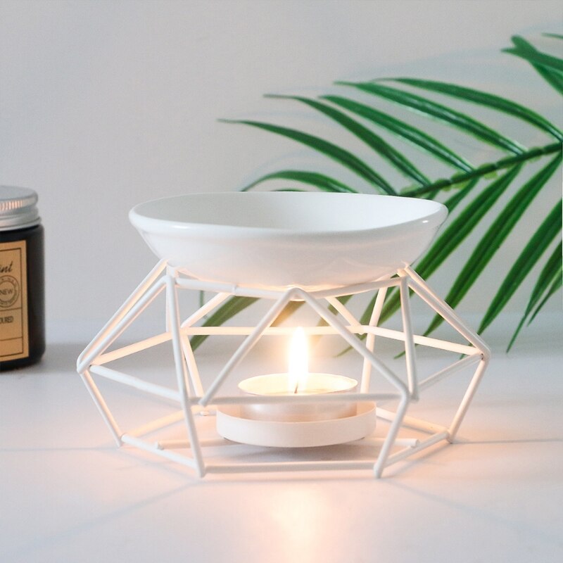 Metal Aromatic Oil Burner Geometric Frame Ceramic Essential Oil Tealight Candle Holder Wax Melt Warmer Melter Aroma Lamp 85DA