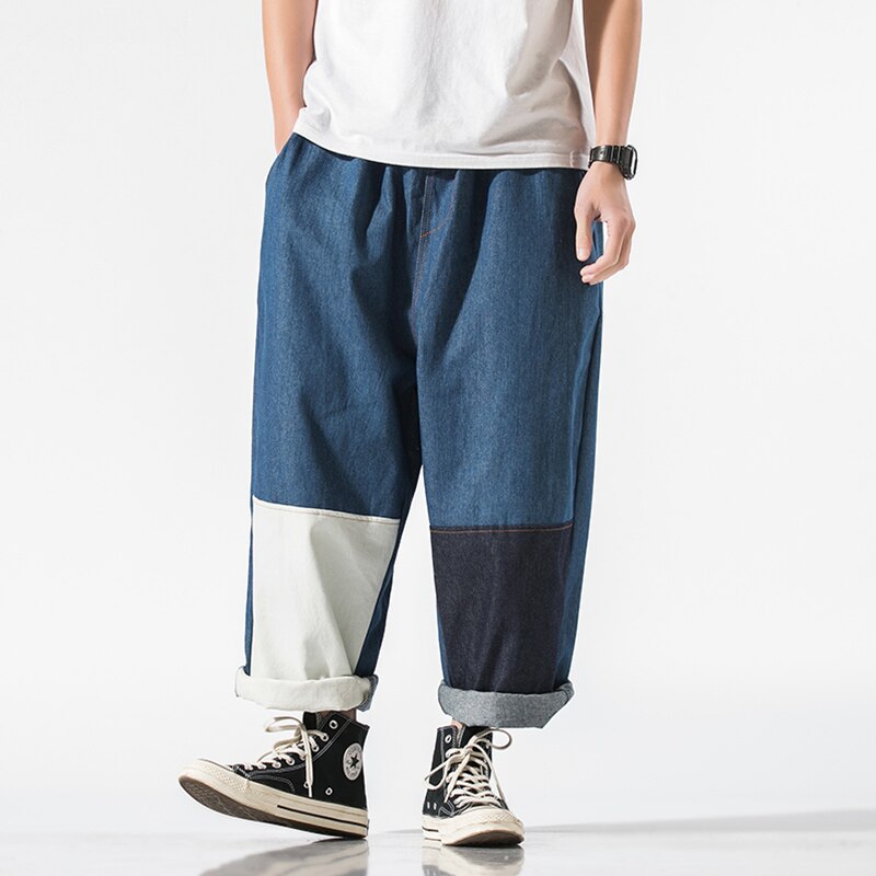 Japanese Streetwear Plus Size Patchwork Jeans Hip Hop Oversized Straight Cargo Pants Harajuku Denim Pants Men Clothing: Dark blue / XXL