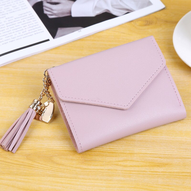 Cartera de cuero Pu con borlas para mujer, cartera con colgante, Portable, con botón, para tarjetas: purple