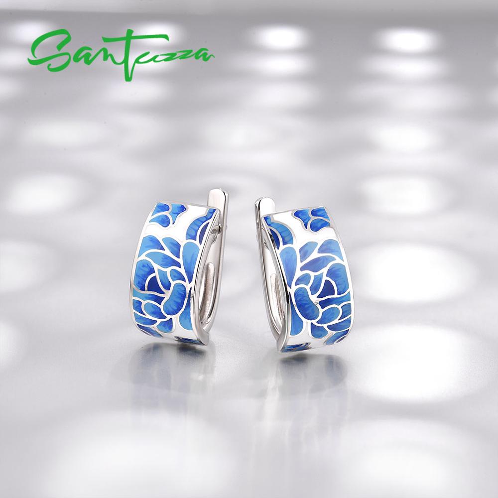 SANTUZZA Silver Jewelry Set for Women Pure 925 Sterling Silver Blue Flower Enamel Earrings Ring Set Trendy Fine Jewelry Handmade