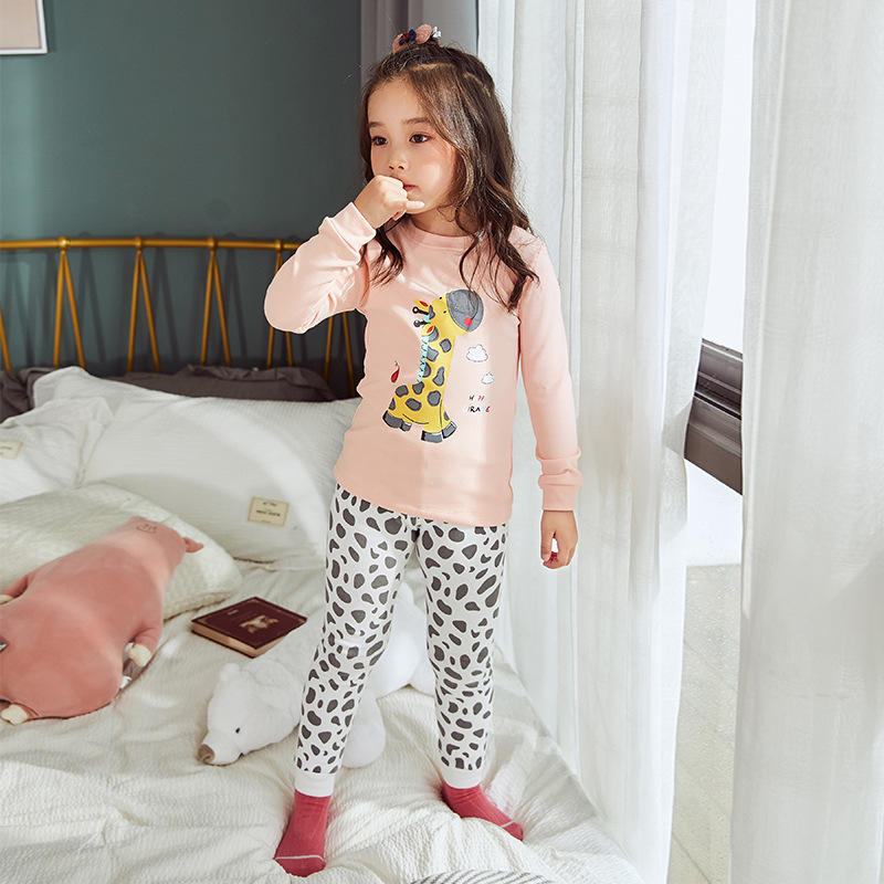 Girls' Printing Cartoon Giraffe Spot Round Neck Long Sleeve Pajamas Children Set Kids Sleepwear Trousers Nightwear Outfit