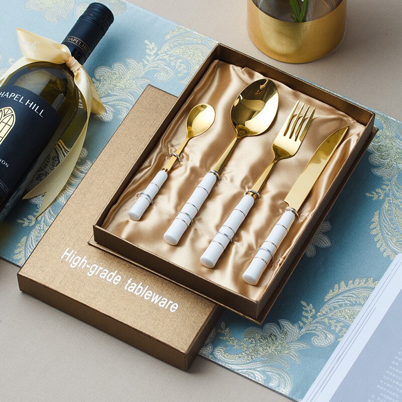 Cathylin Ceramic Handle Western Flatware 4 pcs Stainless Steel Cutlery Set Knife Fork Spoon Teaspoon Dinner Set Dinnerware Set: 4pcs set