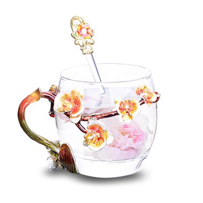 Peach Blossom and Rhinestones Decorated Enamel Coffee Cup Mug Flower Tea Glass Milk Cups Alloy Handgrip Cups and Mugs: M-2