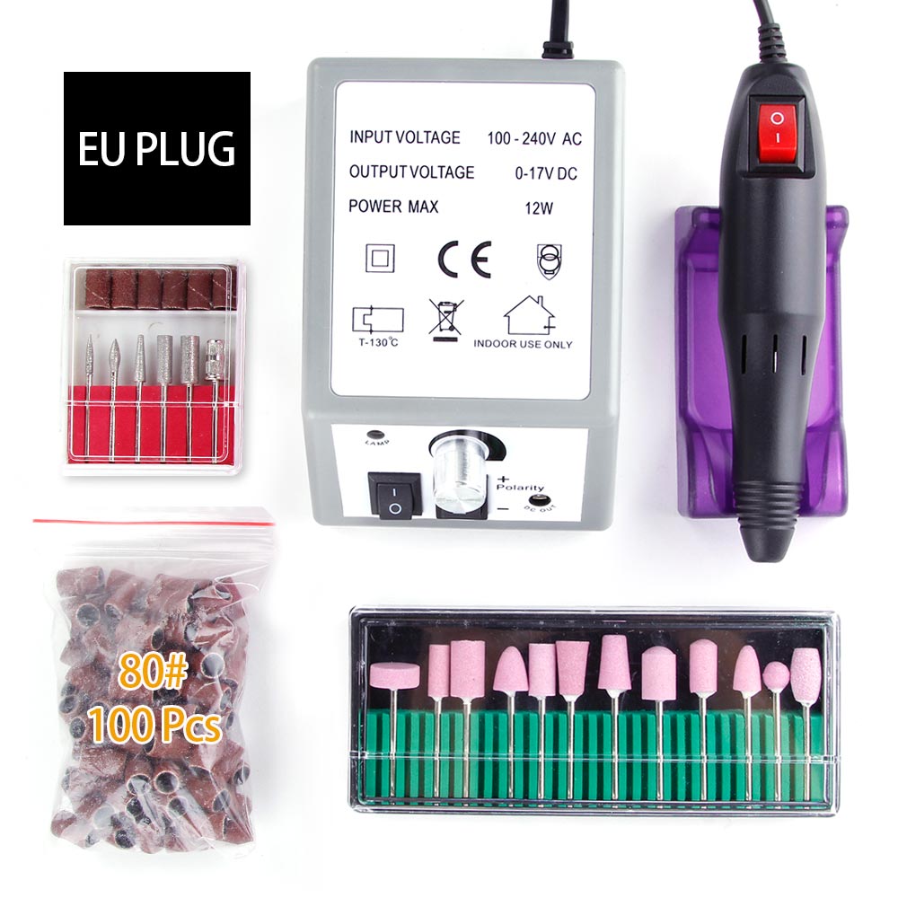 Electric Machine Apparatus for Manicure Pedicure Nail Tools 12Pcs Quartz Nail Drill Bits Nail Tools 100Pcs Sanding Bands EU Plug: 6