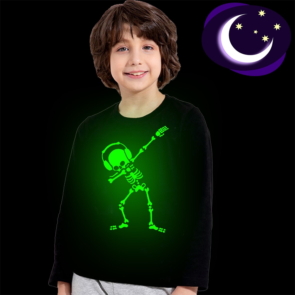 Deppen Skelet Dansen Schedel Lichtgevende Halloween Kids T-shirt Jongens Meisjes Peuter Lange Mouw Hip Hop Noctilucent T-shirt