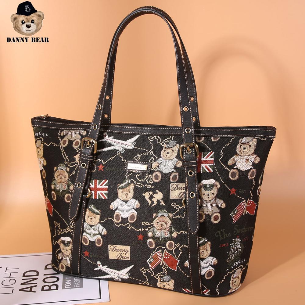 Danny Bear Navigation Bear Series Vintage Fabric Material Tote Bag Women Shoulder Bag DMB9115045-160R: Black
