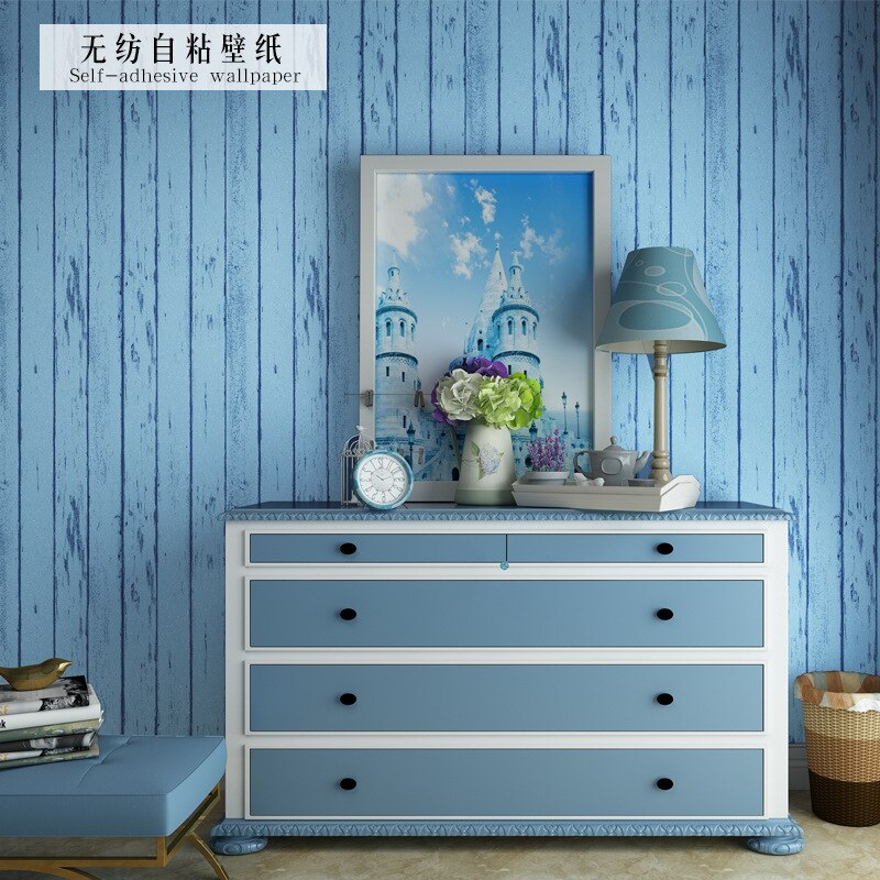 Blauwe Middellandse Streep Zelfklevende Behang Meubels Vernieuwing Sticker Home Decoratie Houtnerf Behang W118
