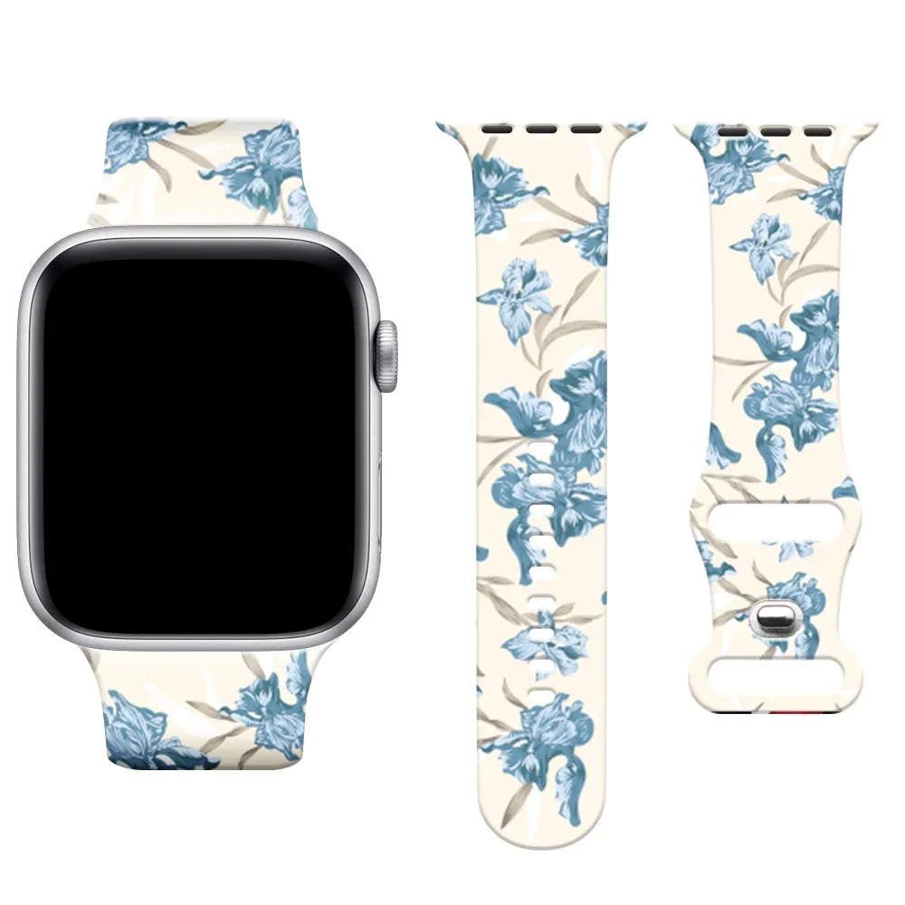 Armband för apple watch ultra band 46mm 49mm 45mm 44mm 42mm 41mm 40mm blommigt sportarmband i silikon, iwatch 10 9 8 7 6 5 4: Grön blå / 14mm