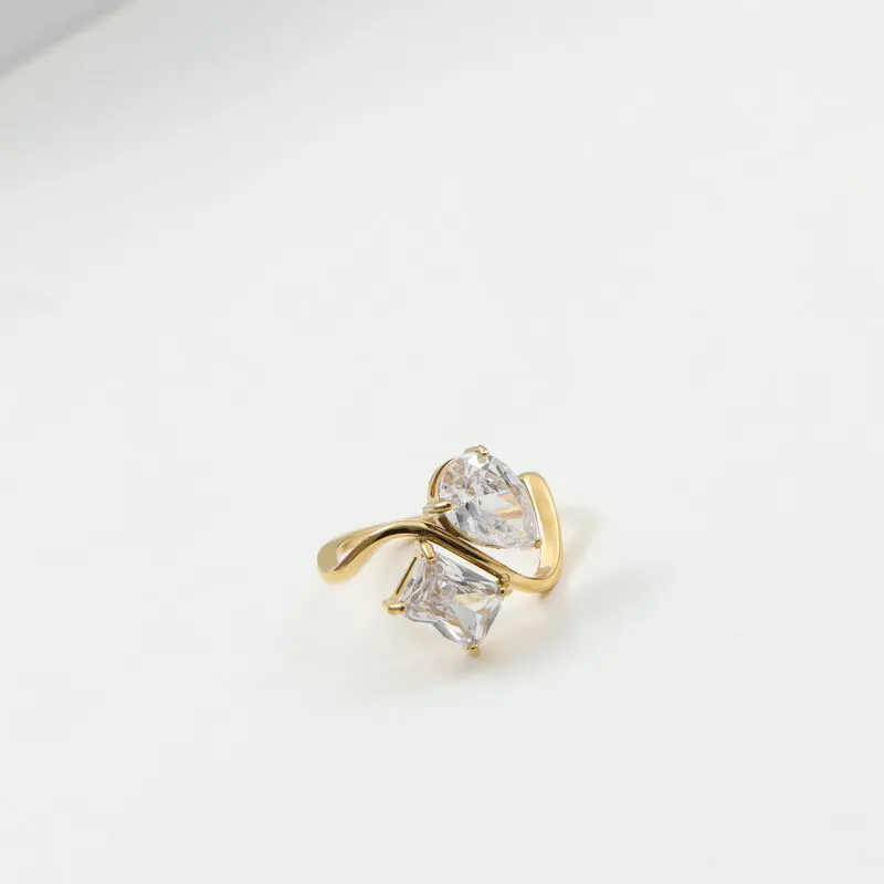 Anillos de acero inoxidable con circonita en forma de gota de agua brillante Vintage de PVD de alta gama para mujer joyería que no se decolora