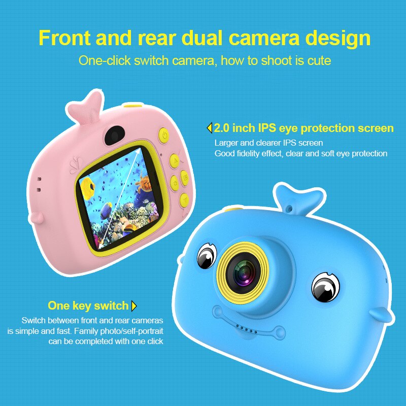 Cute Digital Camera Portable Children Camera 2000W HD Cartoon Dolphin 2 Inches IPS Screen Mini Camera Toy For Kids